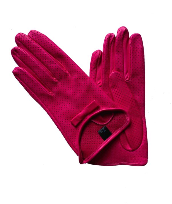 GANTS-EN-CUIR-COURT-ETE-PERFORE-NON-DOUBLE-AVEC-NOEUD-FUSHIA-POUR-FEMME-MODELE-HONOLULU-VUE-GENERALE-FACE