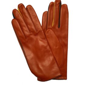 GANTS-CUIR-AGNEAU-COULEUR-ROUILLE-ENTREDOIGTS-COULEUR-DOUBLE-SOIE-POUR-FEMME_MODELE-BINCHE-VUE-FACE